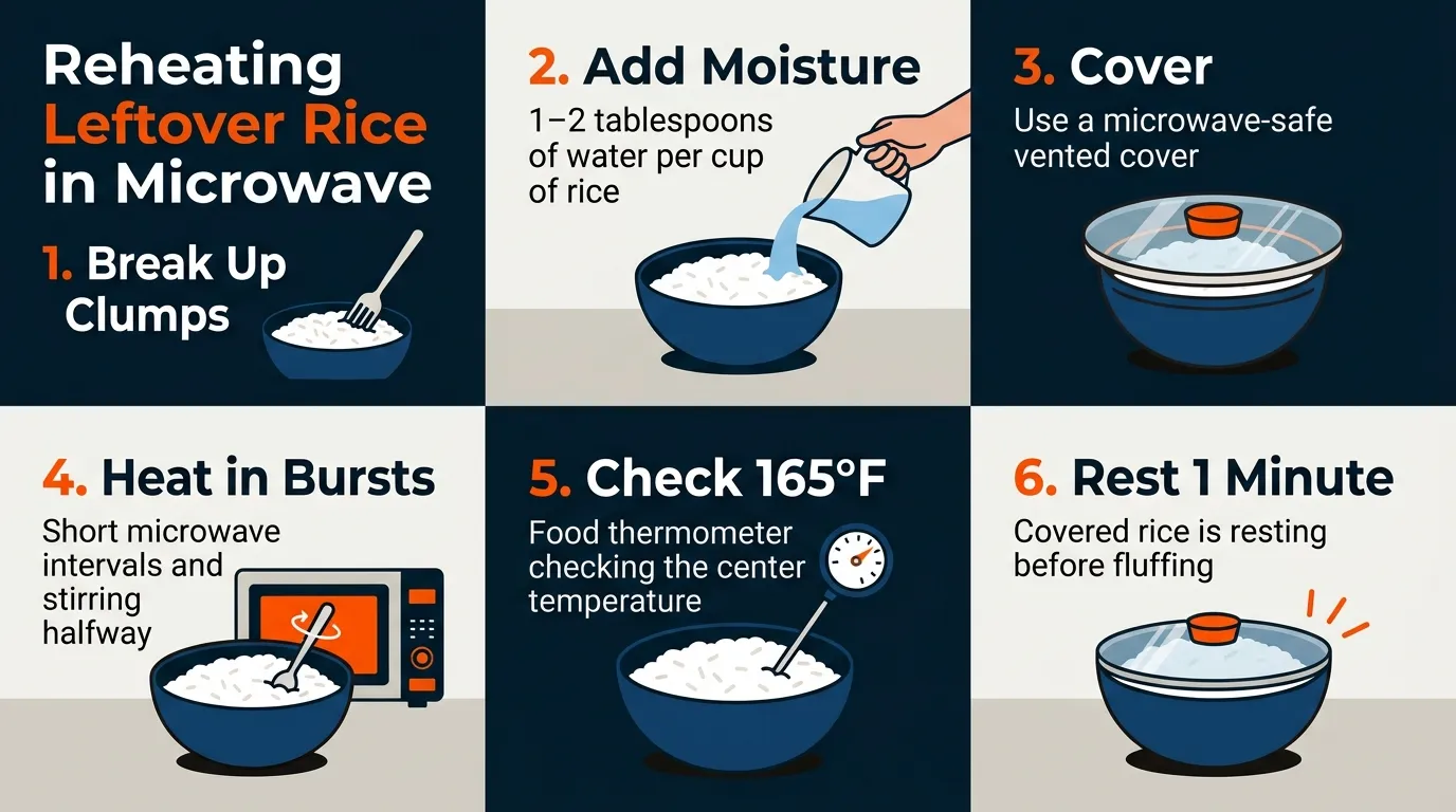 Steps for reheating leftover rice with water, a microwave-safe cover, short heating bursts, stirring, and resting