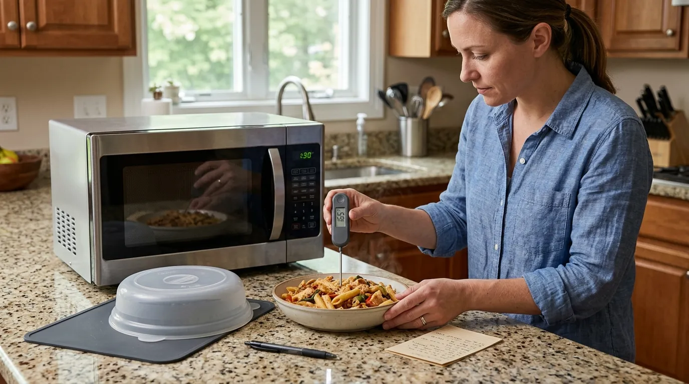 Home cook checking microwave wattage and reheating food with an instant-read thermometer