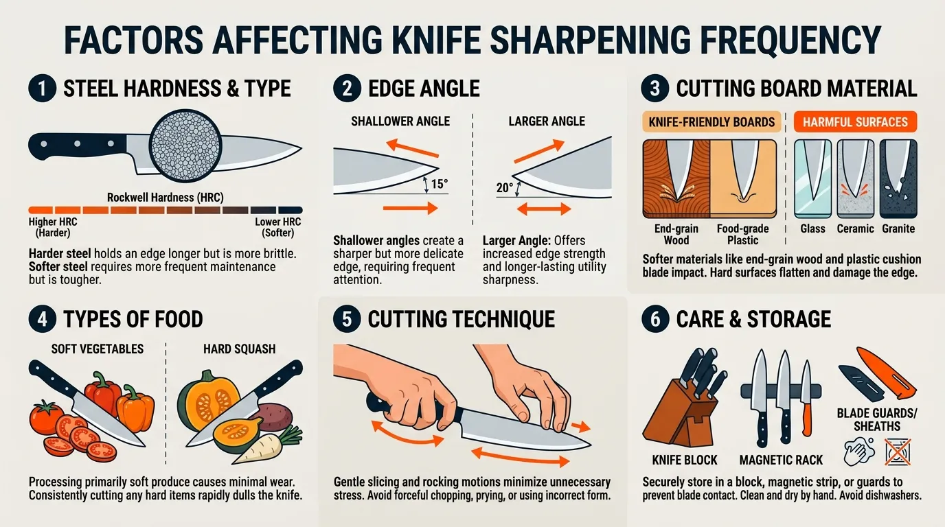 Factors affecting knife sharpening frequency including steel hardness, edge angle, cutting board, food, technique, and storage