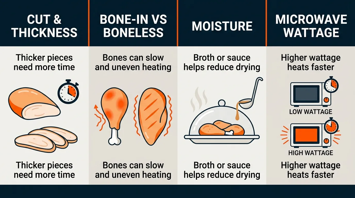 Chicken portions of different sizes arranged with broth and a covered microwave-safe dish to show reheating factors