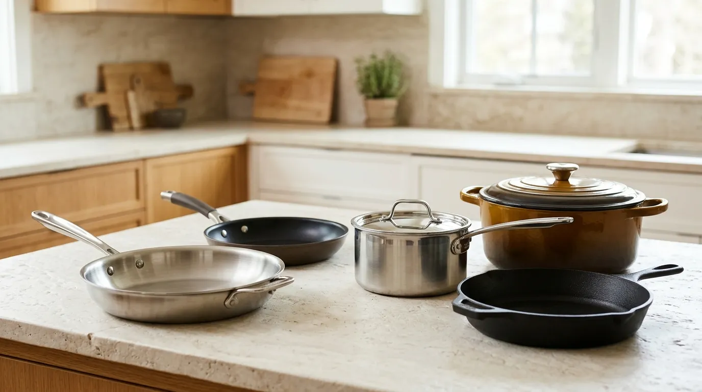 Everyday cookware collection featuring a stainless steel skillet, nonstick skillet, saucepan, Dutch oven, and cast iron skillet