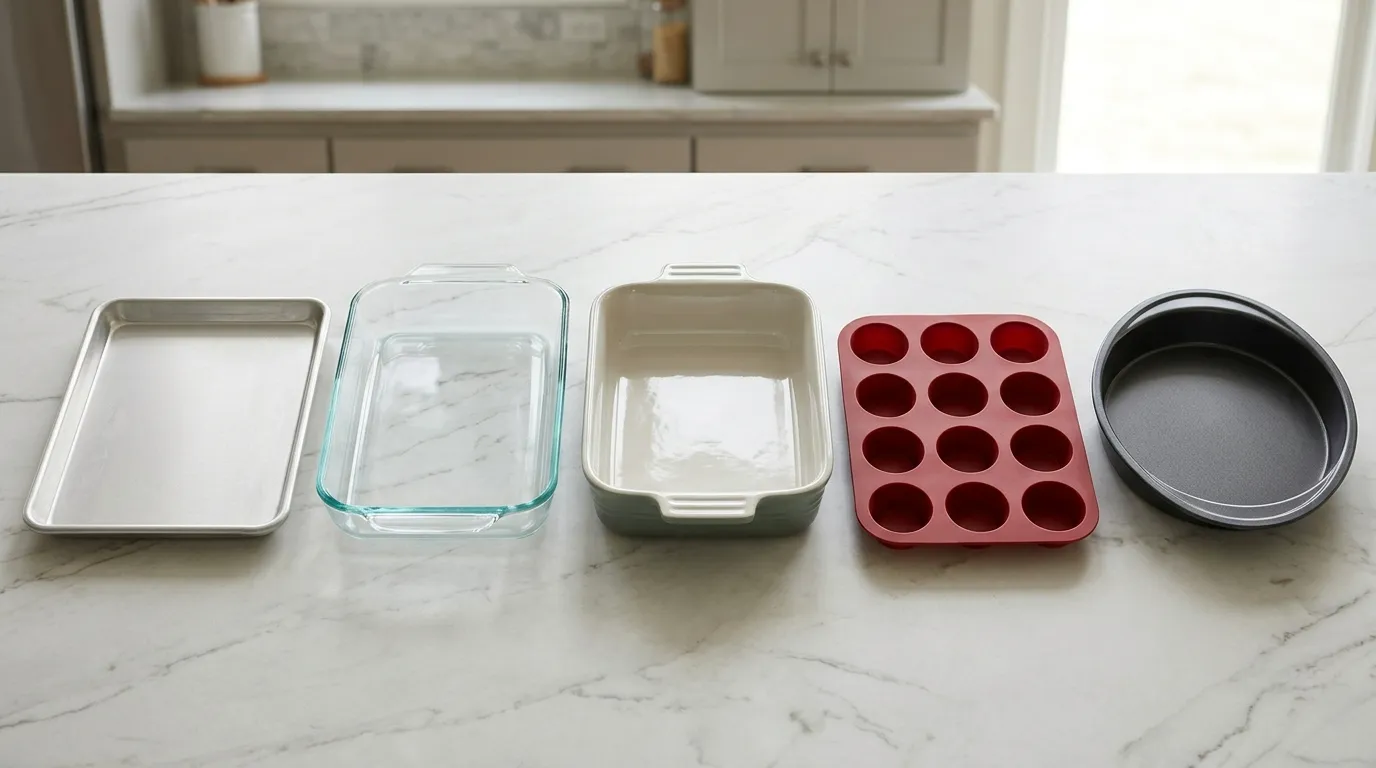 Light aluminum, glass, ceramic, silicone, and nonstick metal bakeware displayed side by side for material comparison