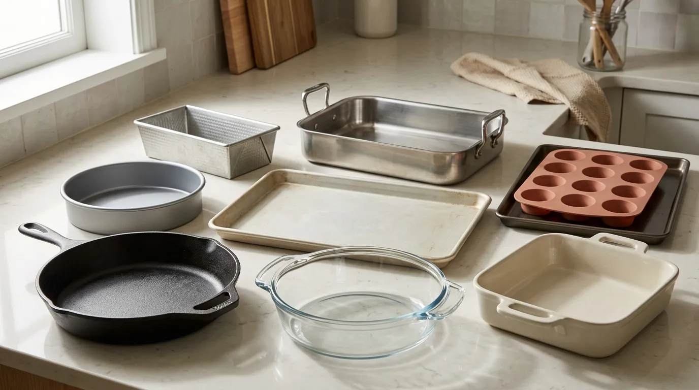 Aluminum, aluminized steel, stainless steel, cast iron, glass, ceramic, and silicone bakeware arranged for comparison