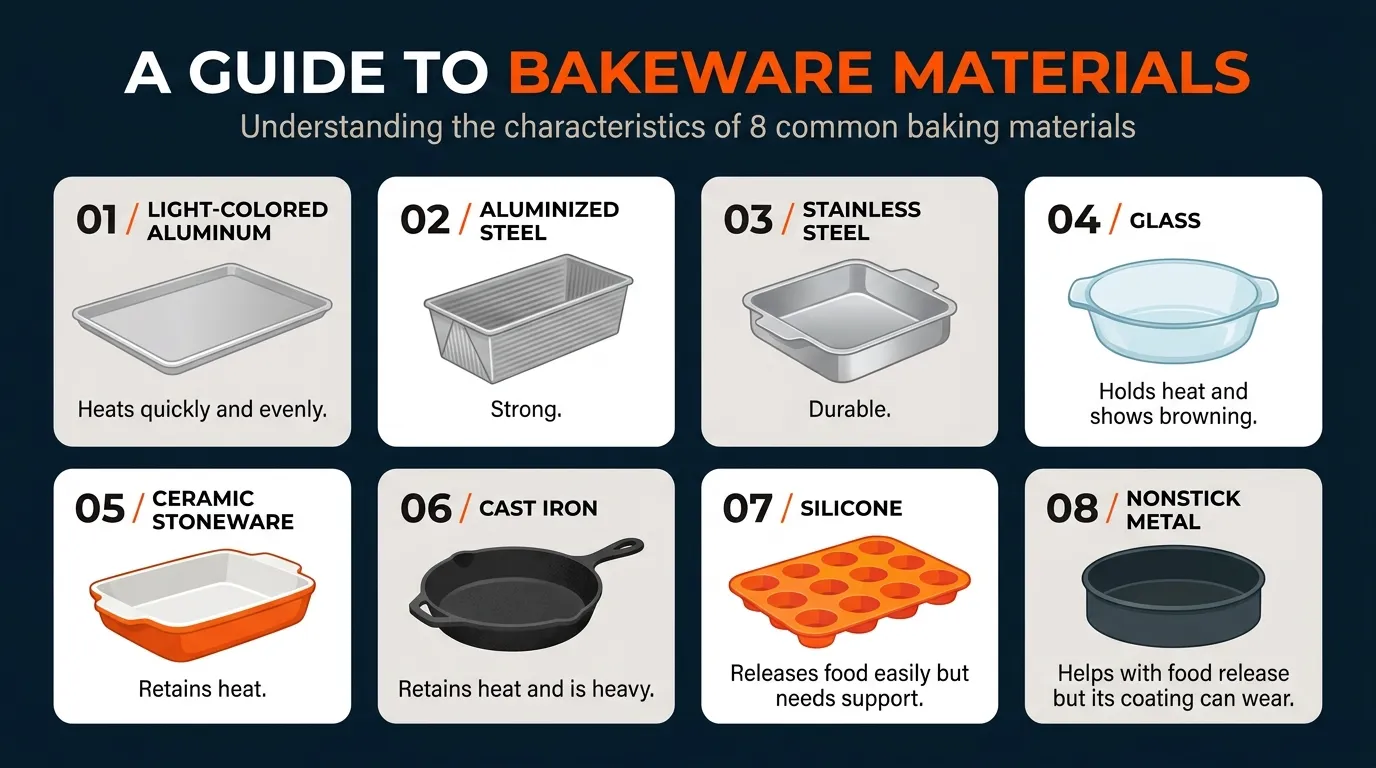 Comparison of aluminum, aluminized steel, stainless steel, glass, ceramic, cast iron, silicone, and nonstick bakeware materials with their main uses