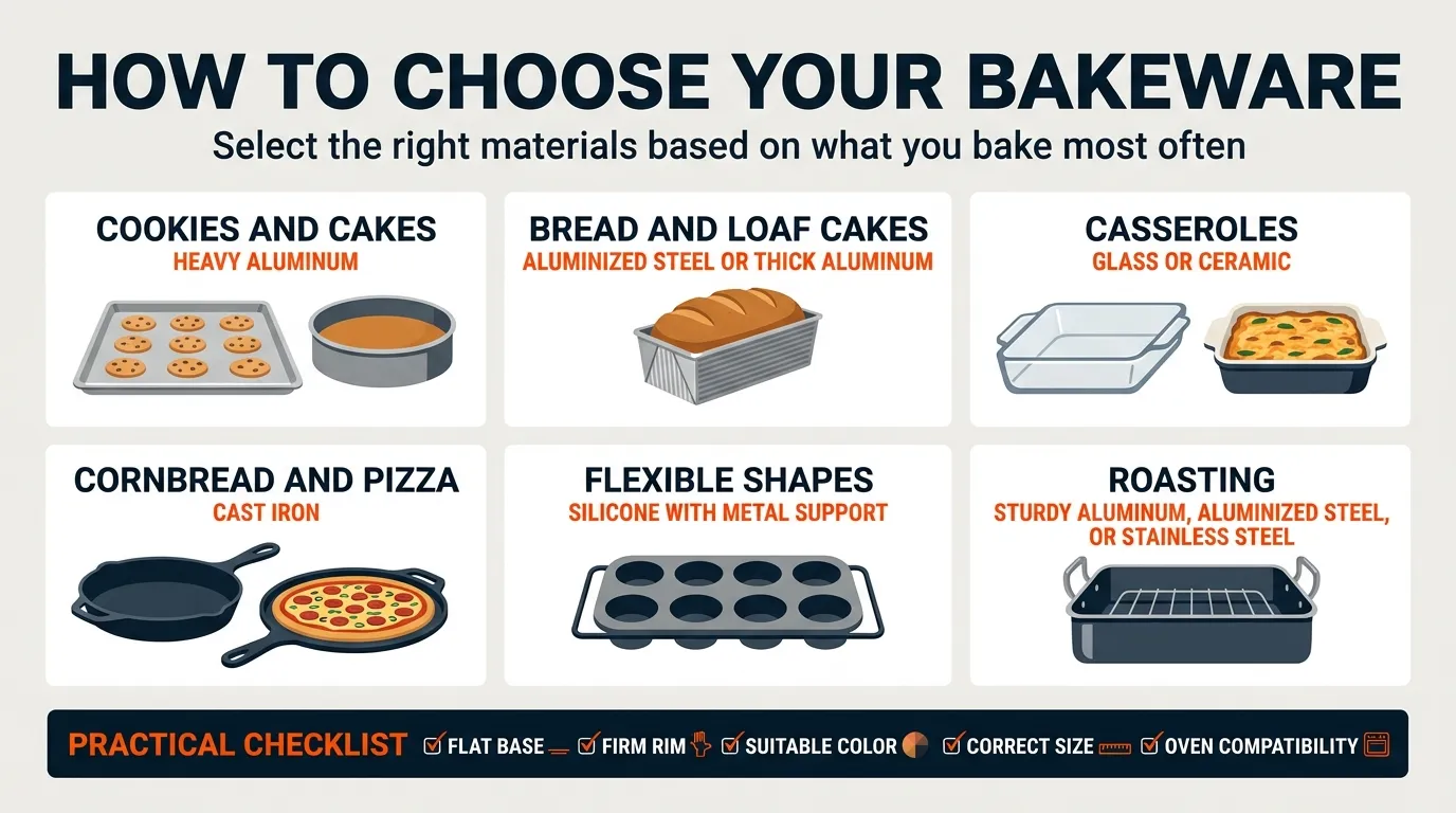 Bakeware selection infographic matching cookies, cakes, bread, casseroles, pizza, and flexible molds with suitable pan materials