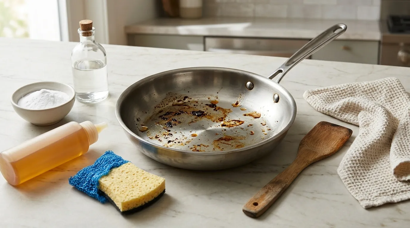 Comparison infographic matching burnt food, baked-on residue, rainbow discoloration, stubborn stains, and damaged cookware with the appropriate cleaning approach