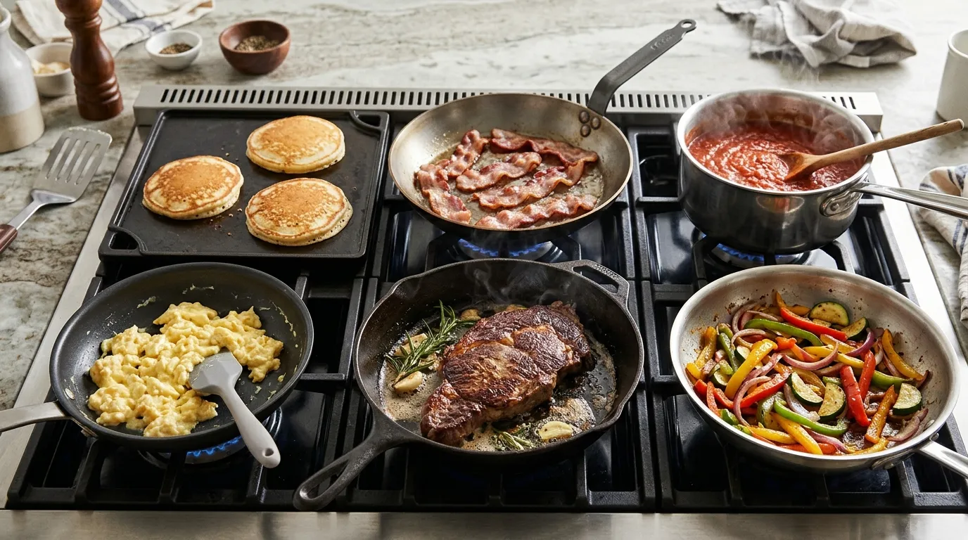 Everyday foods including eggs, pancakes, vegetables, steak, bacon, and simmering sauce prepared at different heat levels