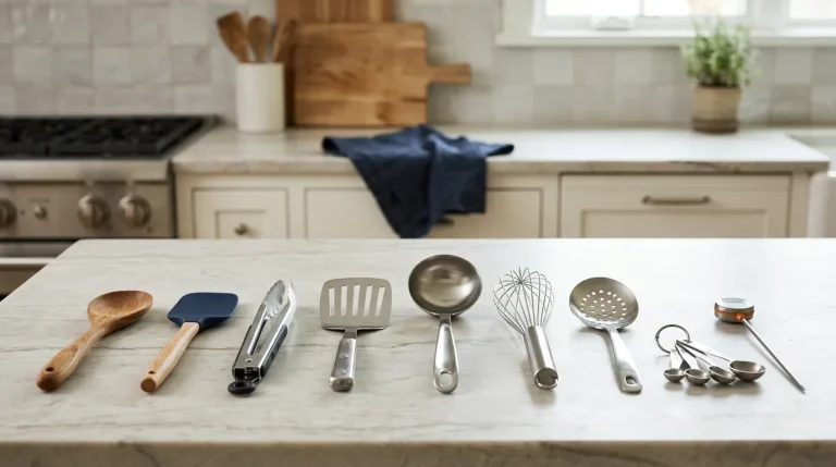 Essential daily cooking utensils including a silicone spatula, wooden spoon, stainless steel tongs, whisk, ladle, and slotted turner arranged in a modern kitchen.