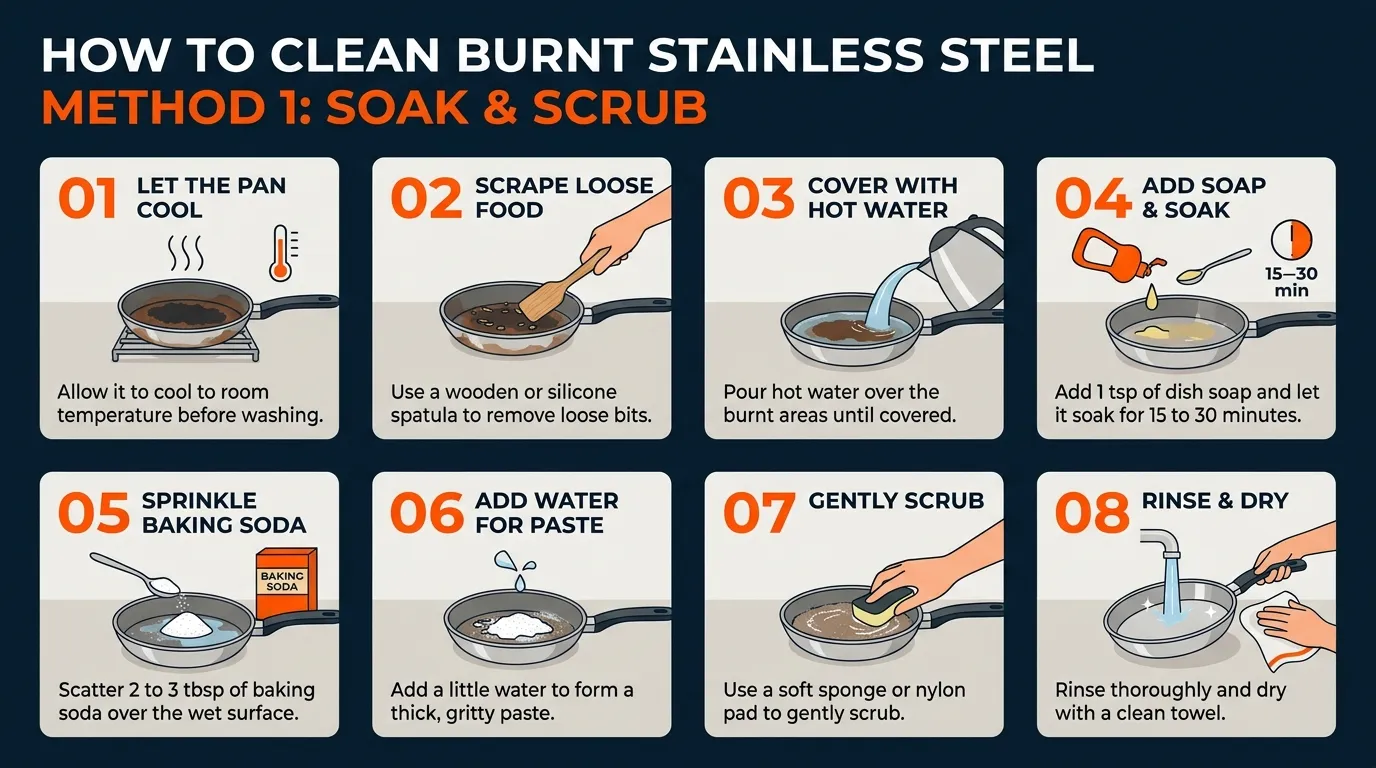 Cooled stainless steel pan with dish soap, baking soda, a soft sponge, wooden spatula, and kitchen towel ready for cleaning