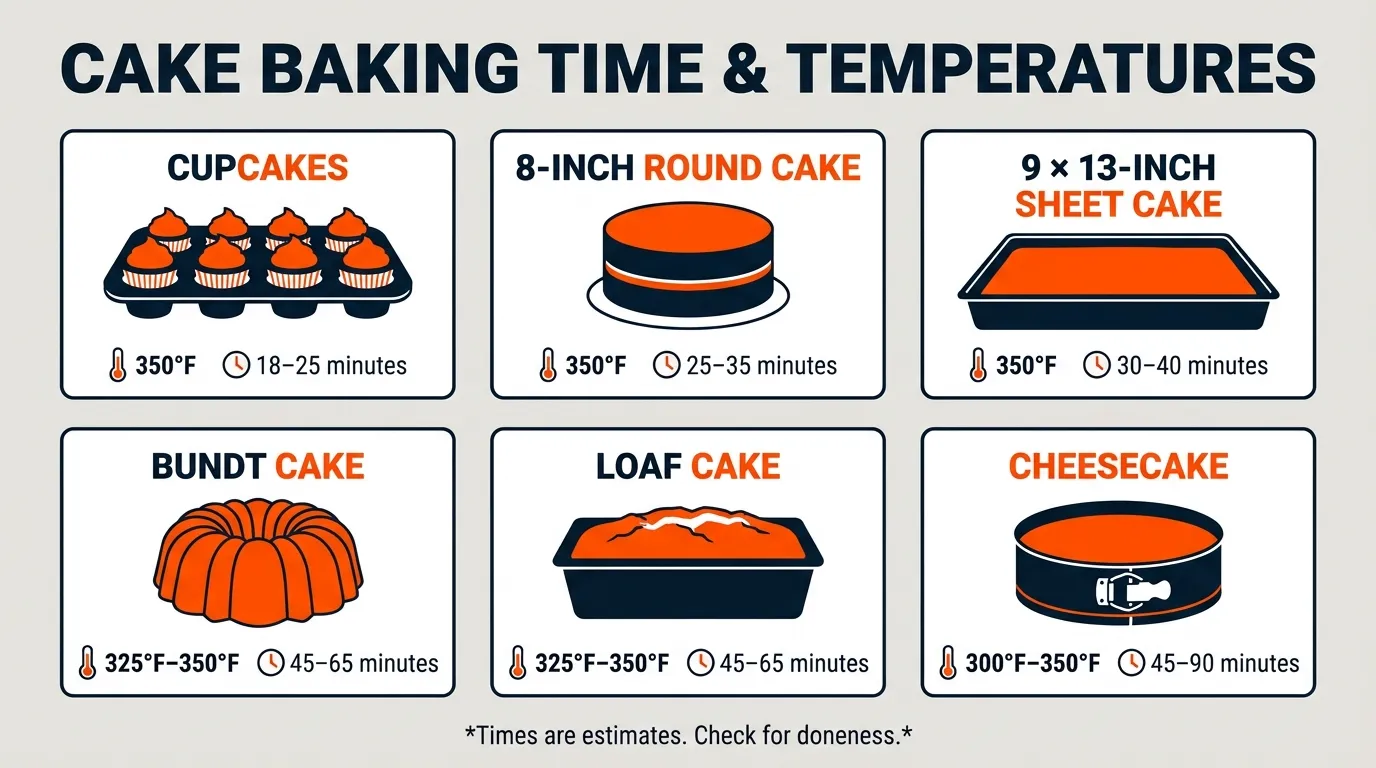Cake baking time infographic comparing temperatures and approximate baking times for cupcakes, layer cakes, Bundt cakes, loaf cakes, and cheesecake