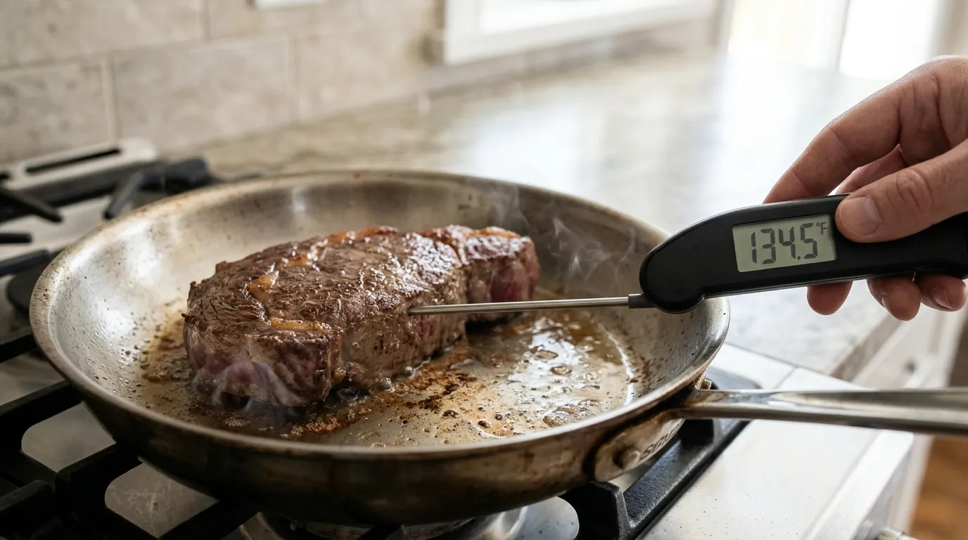 Instant-read food thermometer inserted into the thickest part of a steak to check its internal temperature