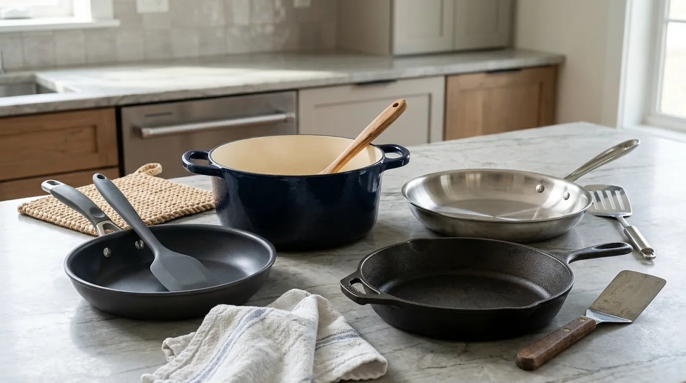 Wooden and silicone utensils placed beside nonstick, enameled, stainless steel, and cast iron cookware