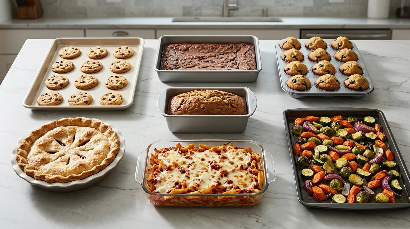 Different bakeware matched to cookies, brownies, banana bread, muffins, pie, casseroles, and roasted vegetables