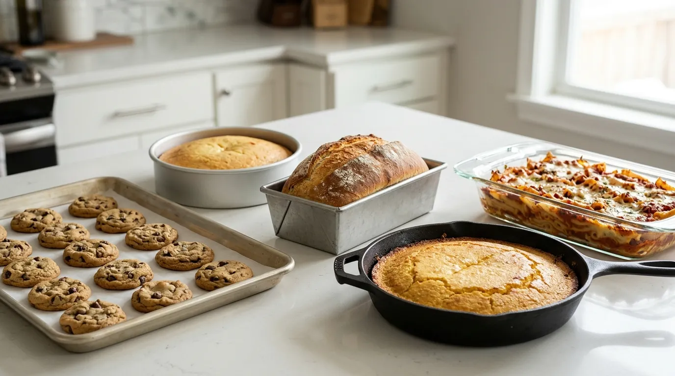 Light aluminum cookie sheet, cake pan, loaf pan, cast iron skillet, and glass casserole dish displayed with matching baked foods