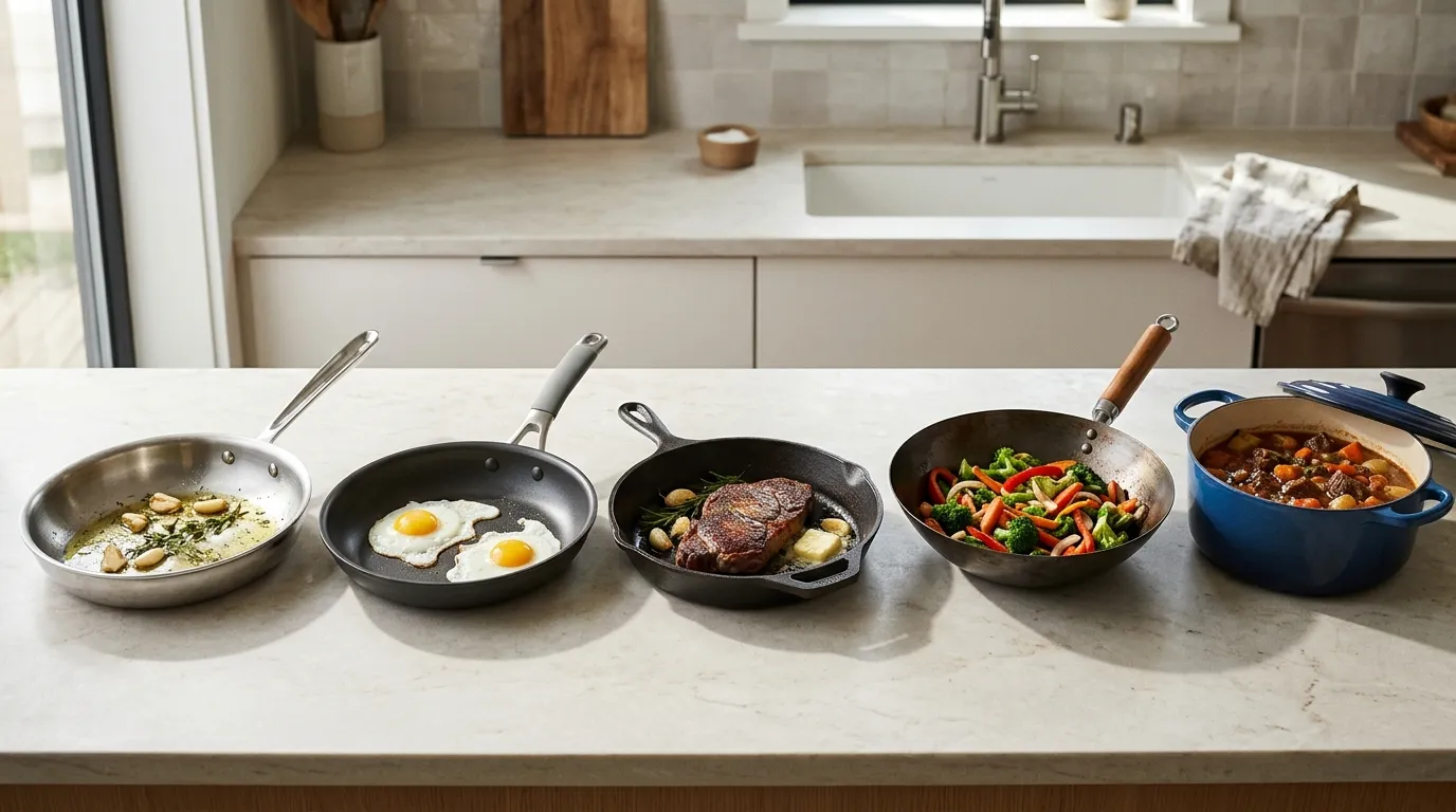Stainless steel, nonstick, cast iron, carbon steel, and enameled cookware arranged for different everyday cooking tasks