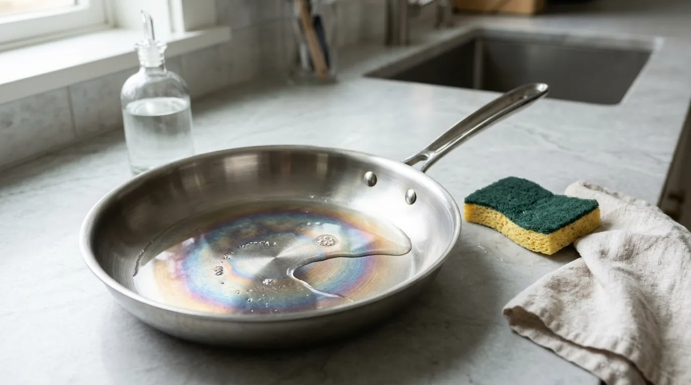 Stainless steel frying pan with a baking soda paste applied to exterior burnt oil marks beside a soft nylon scrub pad