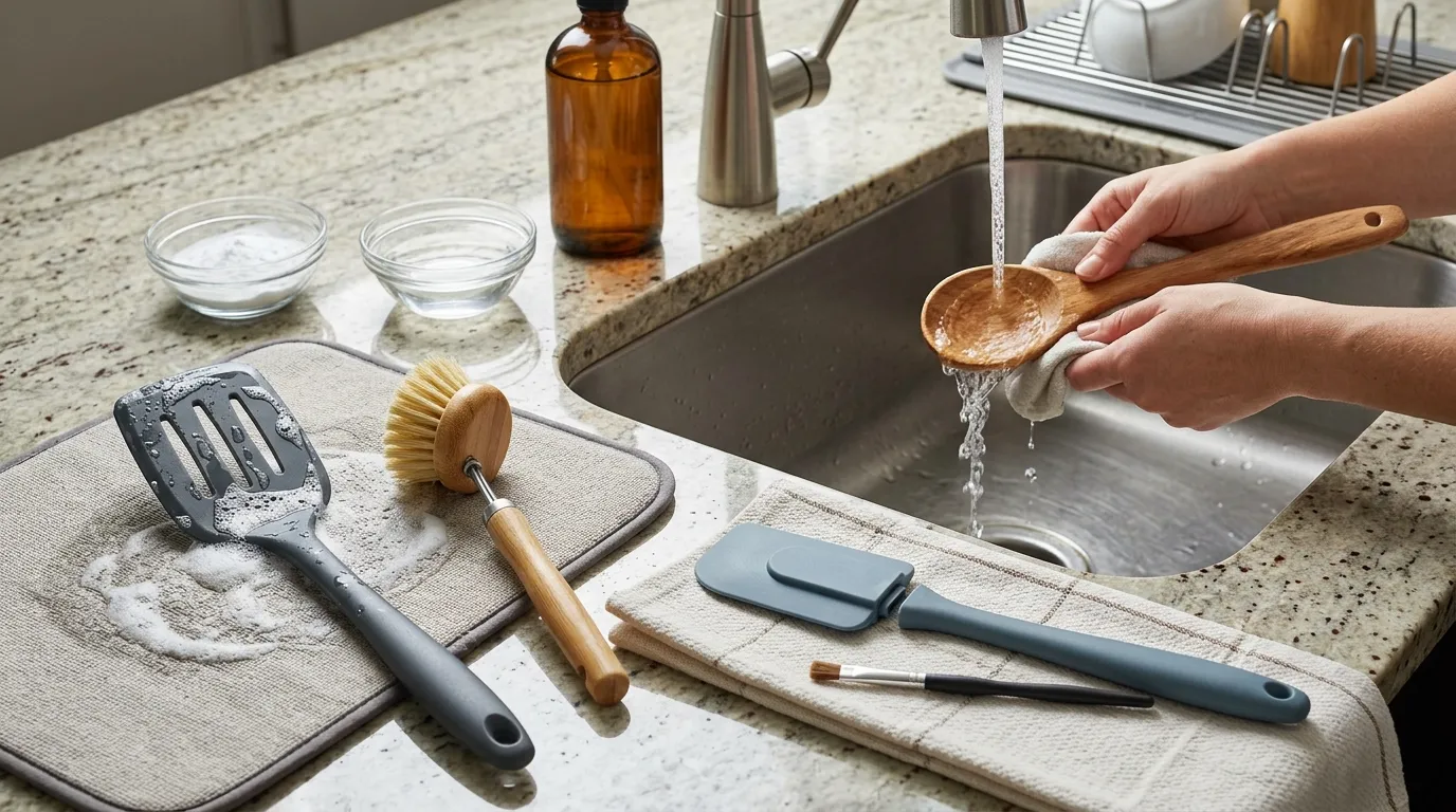Plastic spatula, silicone cooking tools, and wooden spoons being cleaned using material-appropriate methods