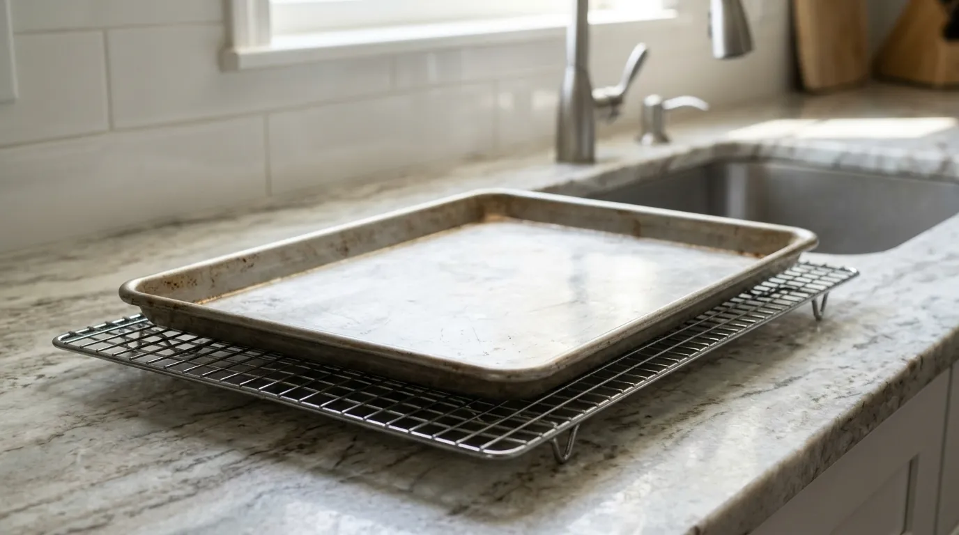 Hot baking sheet cooling on a wire rack beside a cold water-filled sink, illustrating the importance of avoiding sudden temperature changes.