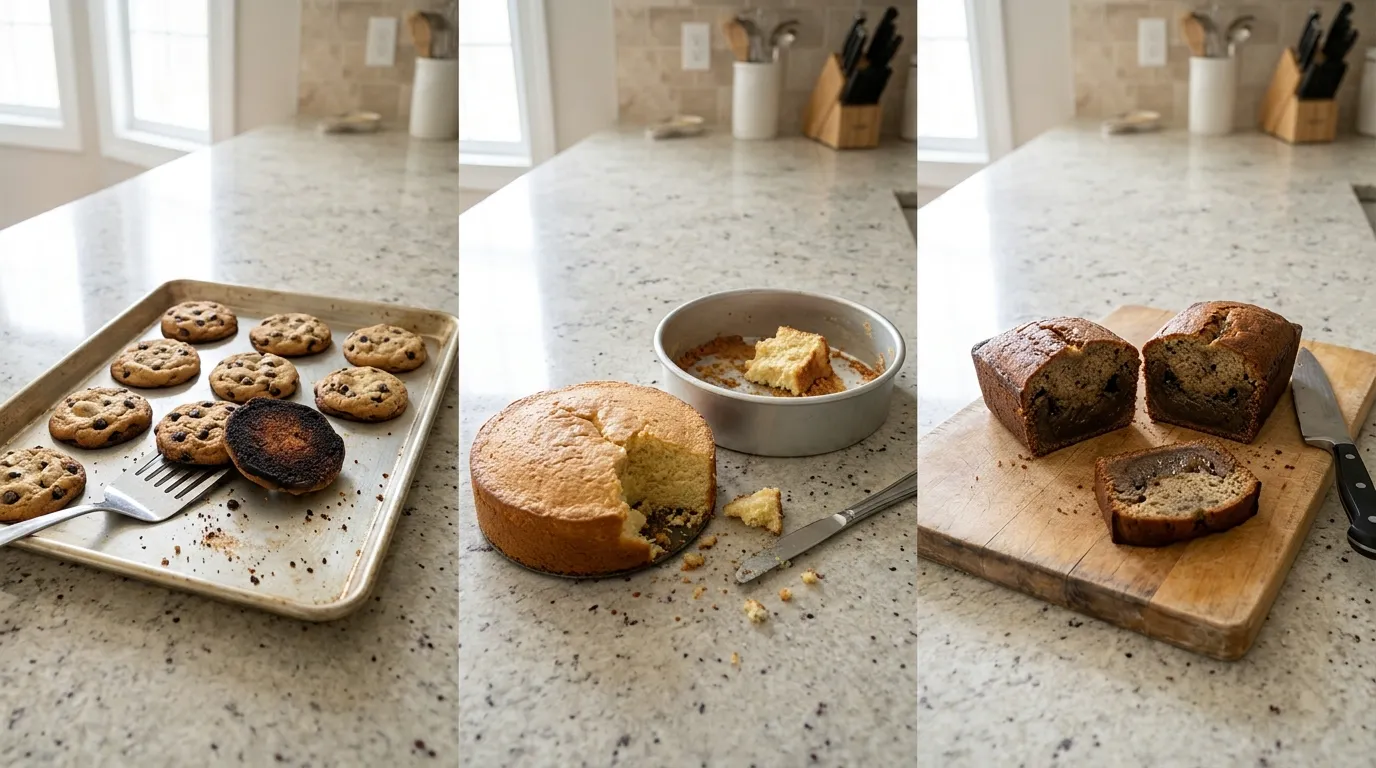 Examples of over-browned cookie bottoms, a cake sticking to its pan, and banana bread with an underbaked center