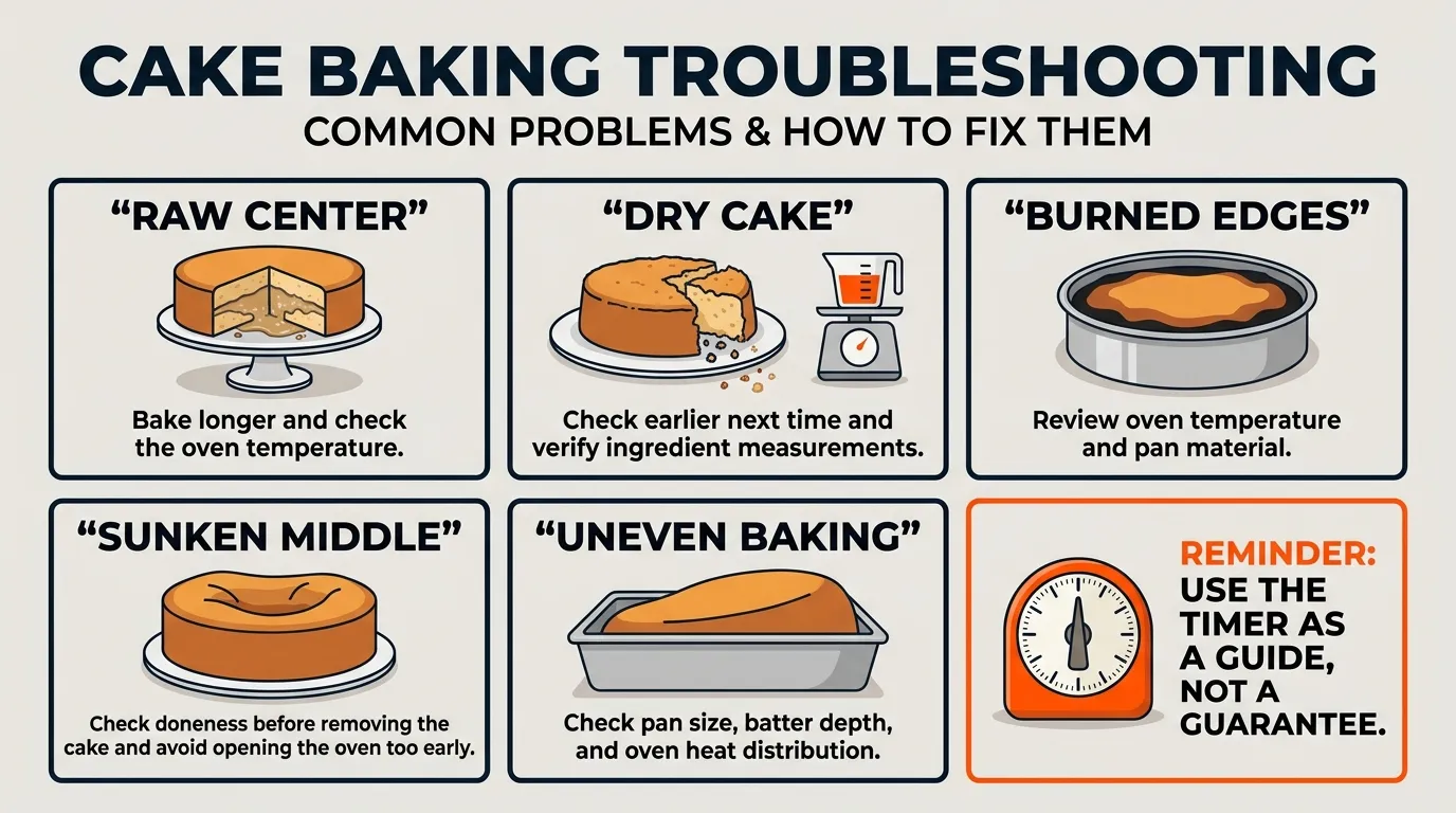 Cake troubleshooting infographic showing a raw center, dry cake, sunken middle, burned edges, and correct doneness checks