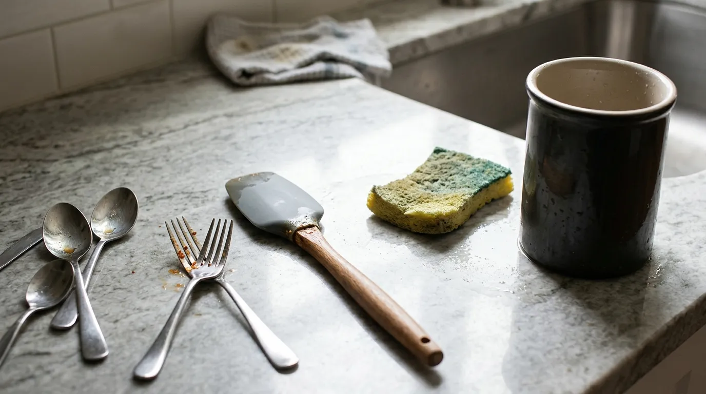 Kitchen utensils with food residue, grease, trapped moisture, and a damp sponge illustrating common causes of unpleasant odors