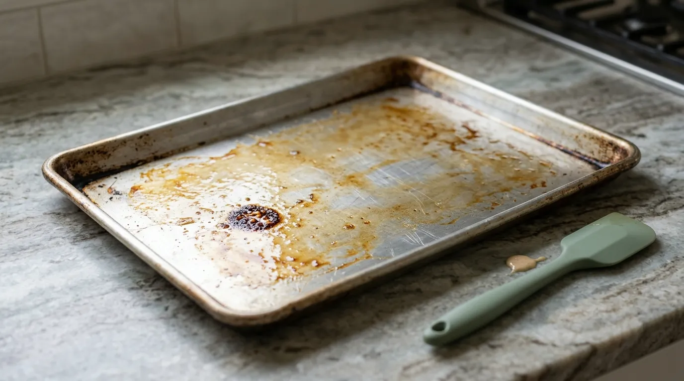 Baking sheet showing amber cooking spray residue, baked-on oil, caramelized sugar, and grease buildup around the edges