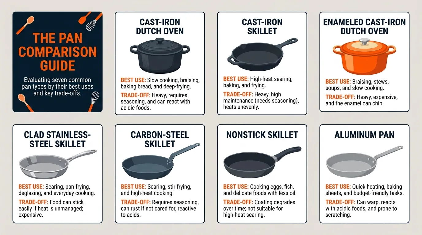Comparison of cast-iron Dutch ovens, cast-iron skillets, stainless-steel pans, carbon-steel pans, nonstick pans, and aluminum pans for frying chicken