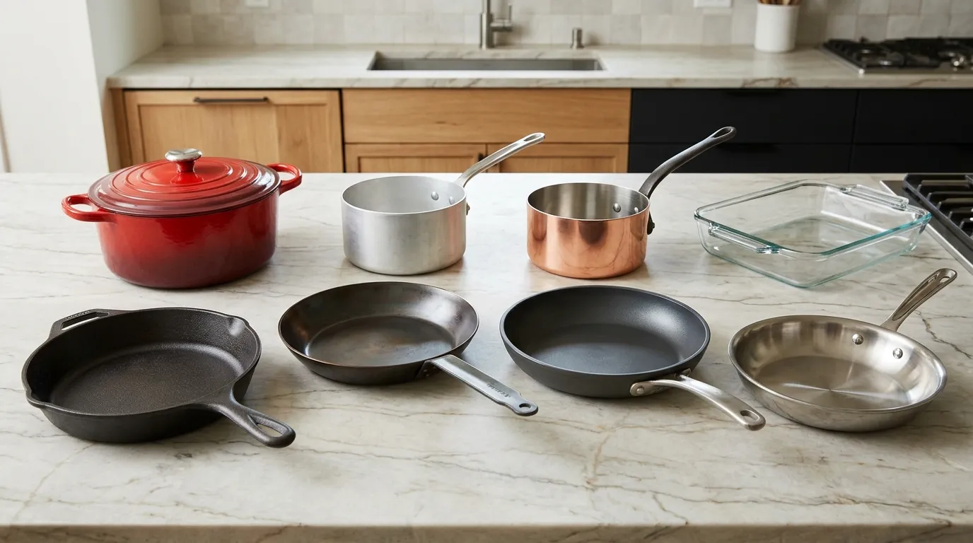 Stainless steel, nonstick, cast iron, enameled cast iron, carbon steel, aluminum, copper, and glass cookware displayed side by side