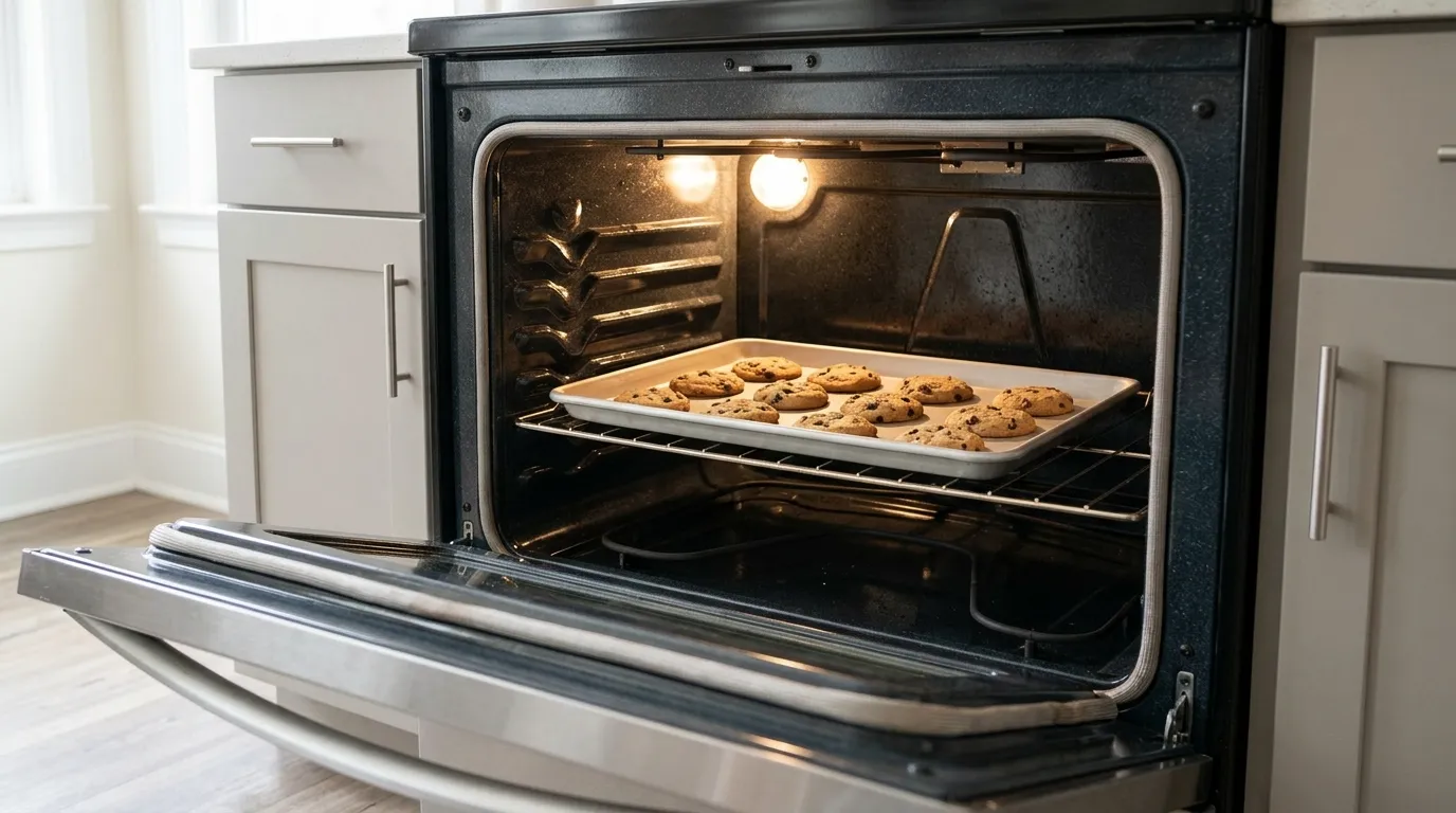 Baking pan centered on an oven rack with clear space around it for airflow