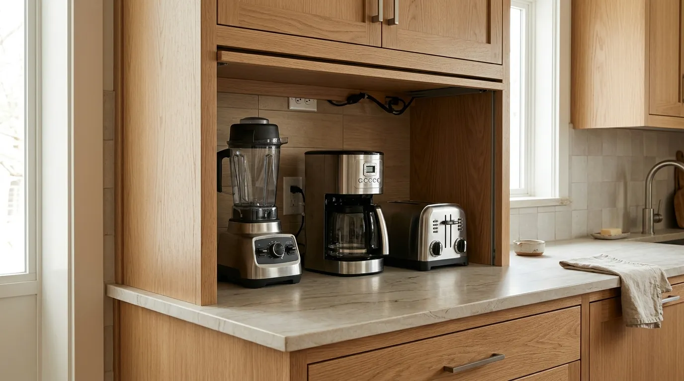 Kitchen appliance garage with a blender, coffee maker, and toaster organized beneath upper cabinets
