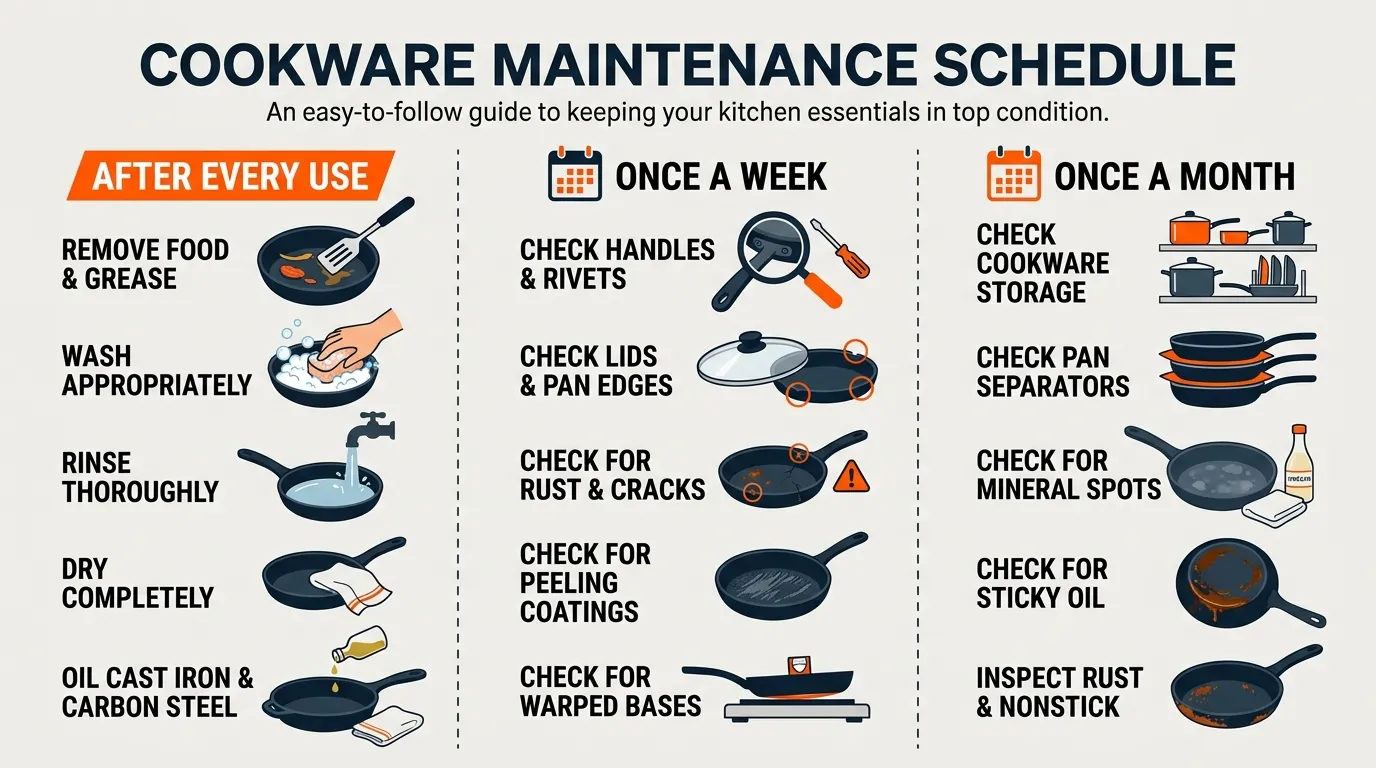 Cookware maintenance checklist organized around daily cleaning, weekly hardware inspections, and monthly surface checks