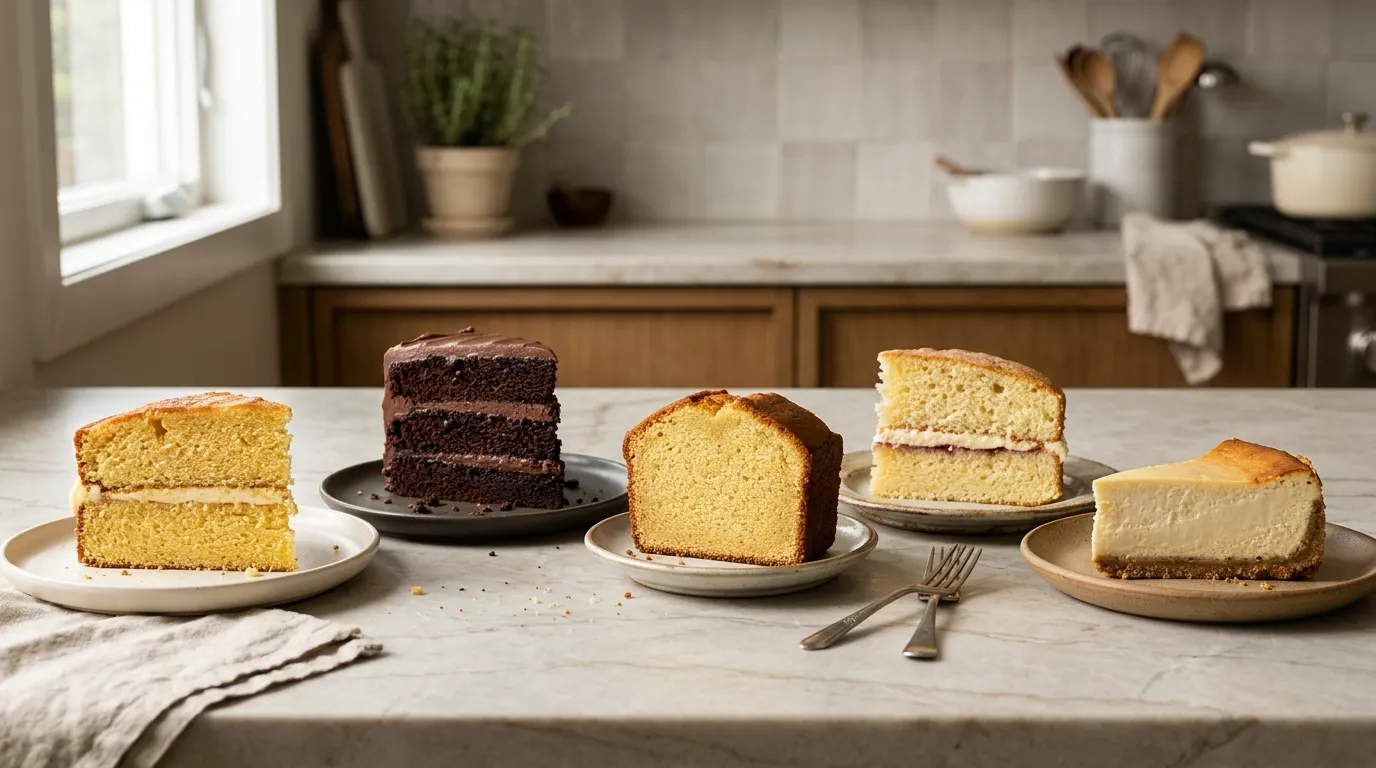 Butter cake, chocolate cake, pound cake, sponge cake, and cheesecake displayed together for a baking comparison