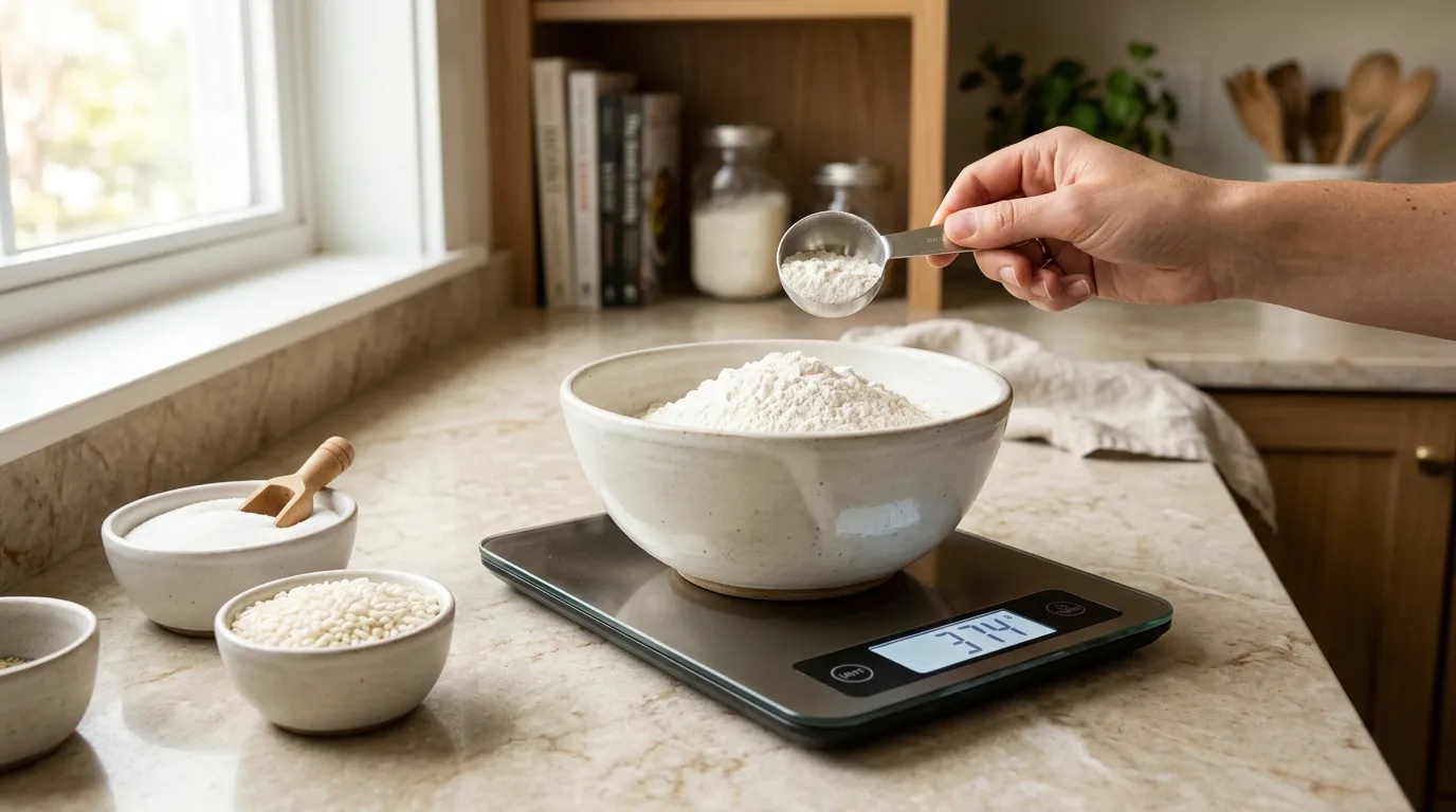Digital kitchen scale measuring ingredients in a bowl for accurate cooking and baking