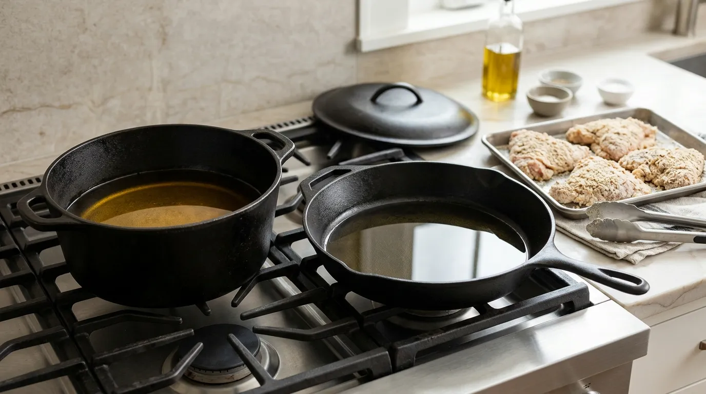 Cast-iron Dutch oven for deeper frying compared with a wide cast-iron skillet for shallow frying chicken