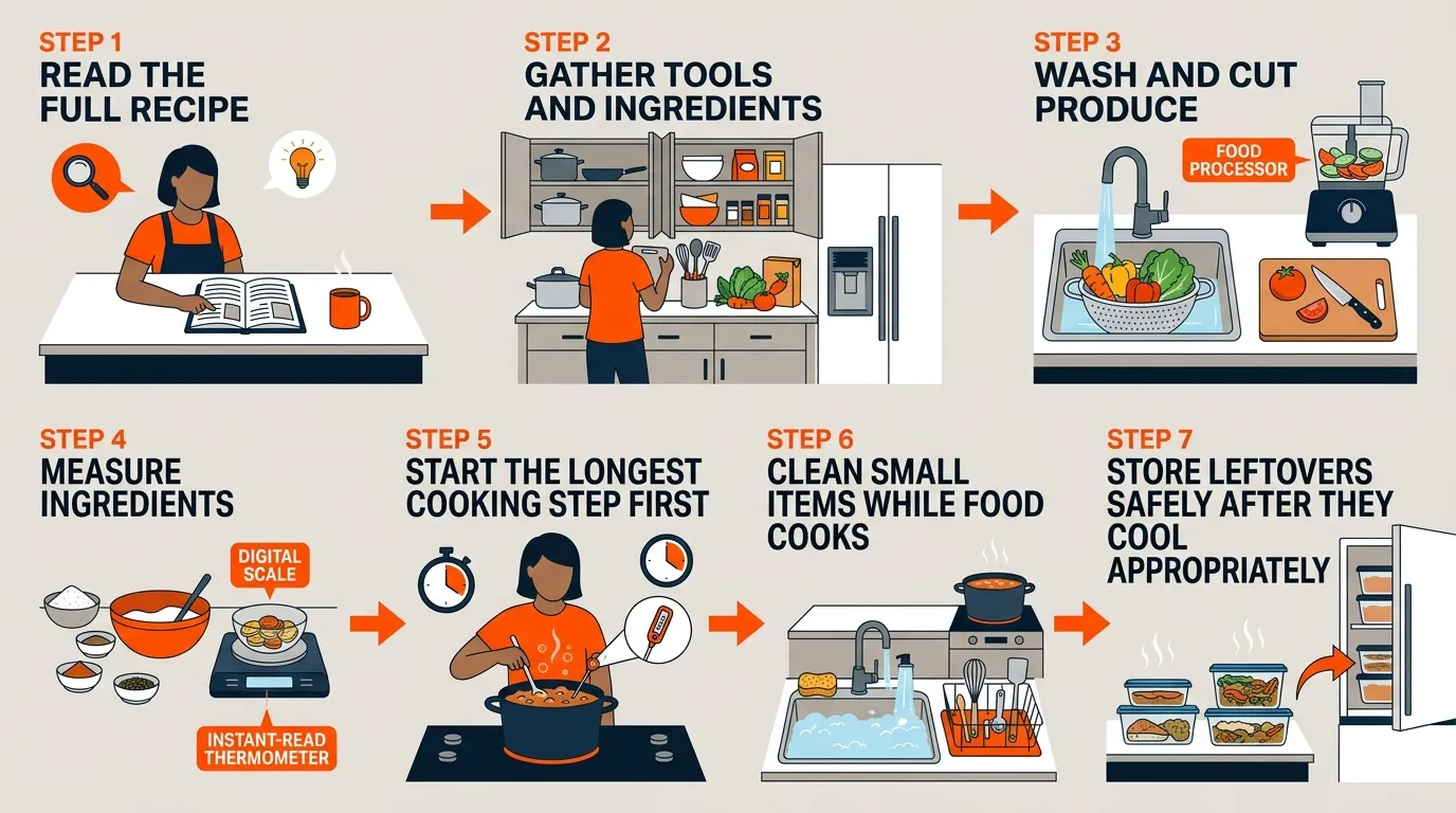 Kitchen workflow showing recipe reading, ingredient preparation, measuring, cooking, cleaning, and safe leftover storage