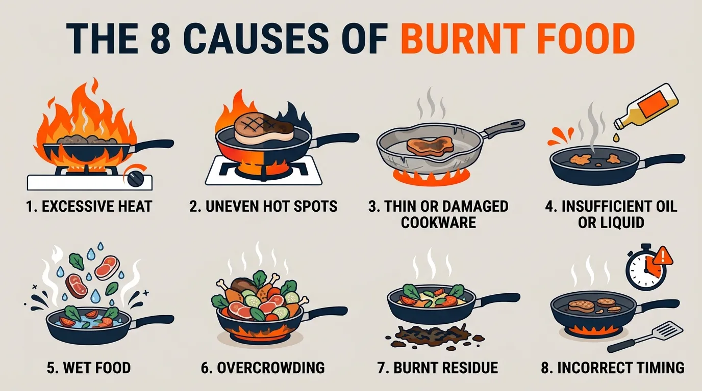 Kitchen infographic explaining how excessive heat, hot spots, thin cookware, insufficient liquid, wet food, overcrowding, burnt residue, and poor timing cause food to burn