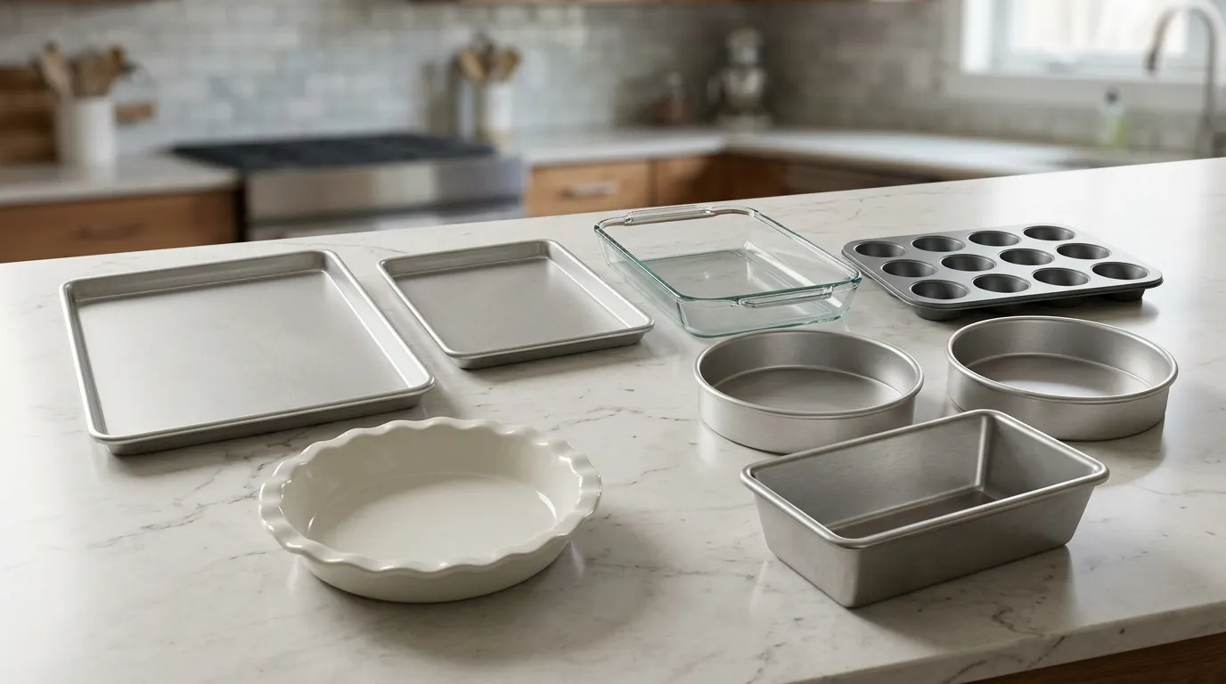 Essential everyday baking pans including a half-sheet pan, quarter-sheet pan, cake pans, rectangular baking pan, loaf pan, muffin pan, and pie dish