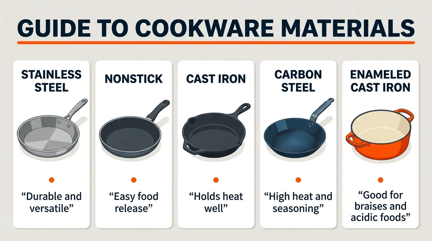 Five cookware materials showing the differences between stainless steel, nonstick, cast iron, carbon steel, and enameled cast iron