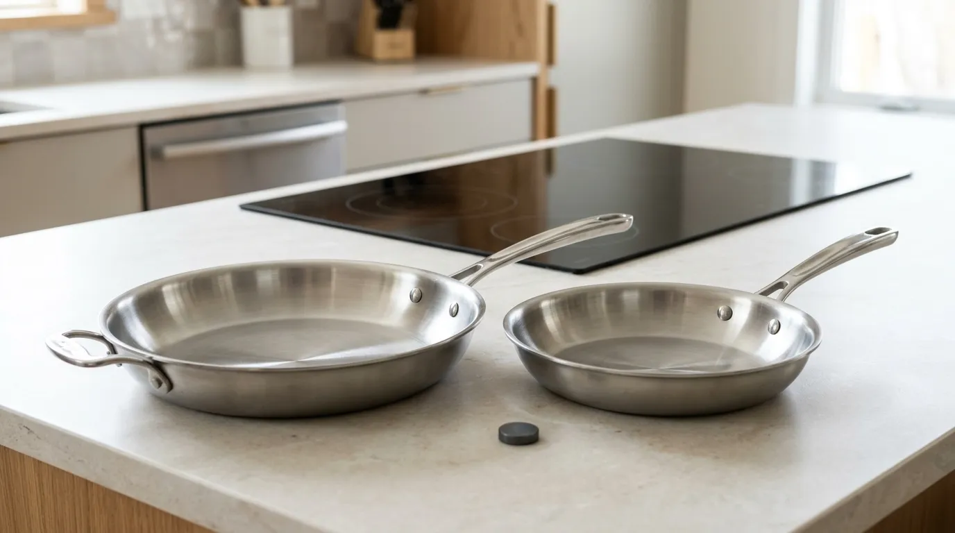 Cookware selection showing pan size, handle, flat base, and compatibility with a home stovetopCookware selection showing pan size, handle, flat base, and compatibility with a home stovetop