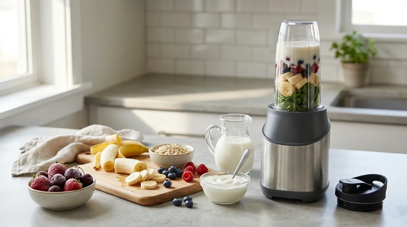 Personal blender with berries, banana, yogurt, oats, and milk for a quick breakfast smoothie.