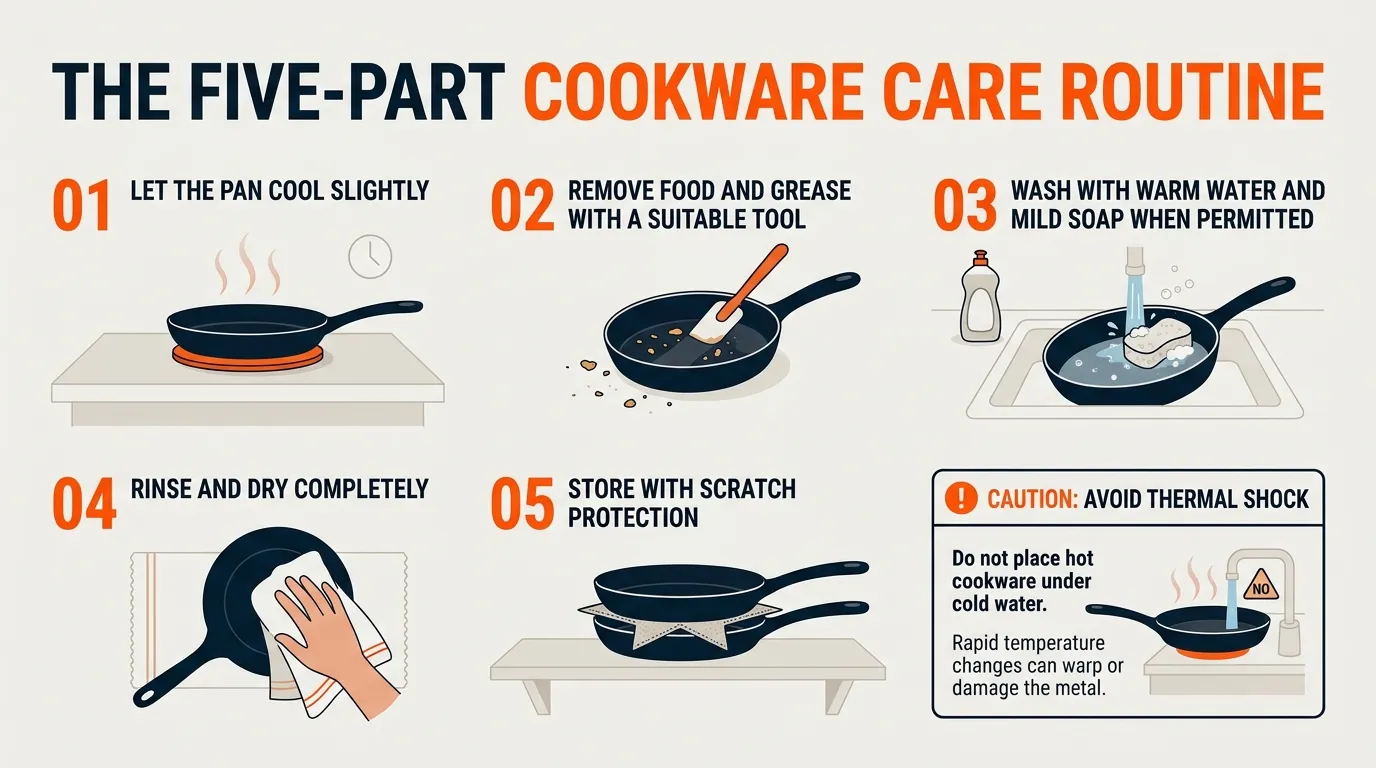 Five-step cookware care routine showing cooling, removing food, washing, drying, and protecting pans during storage