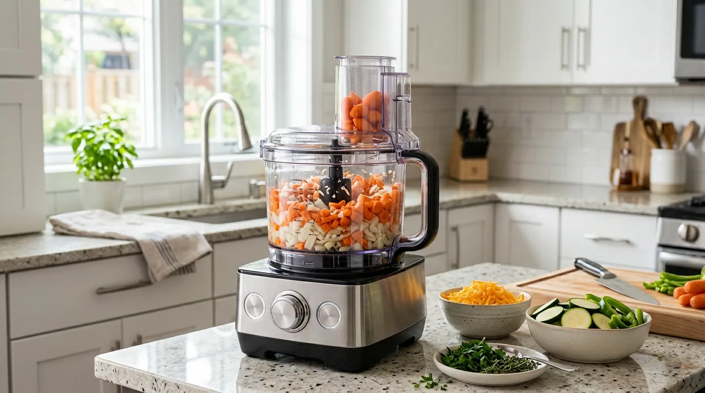 Food processor chopping vegetables and preparing ingredients for faster everyday meal preparation