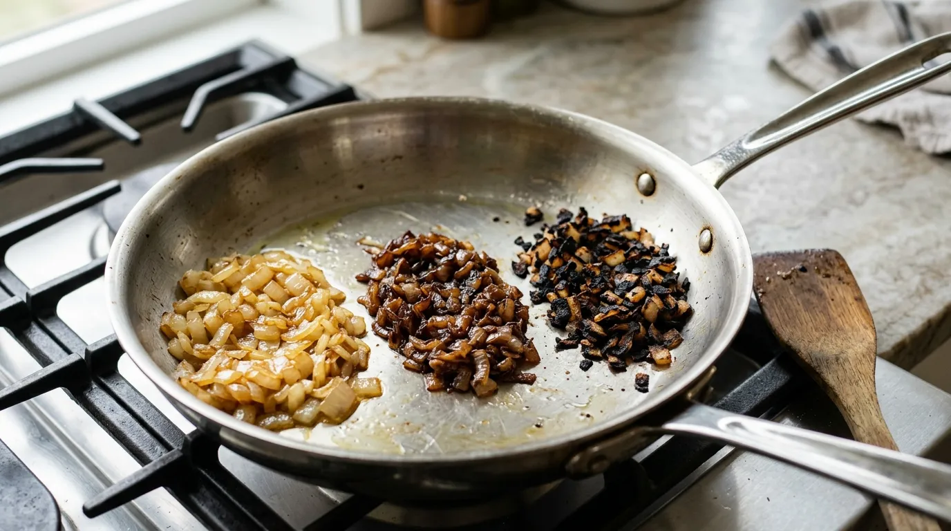 Food in a frying pan showing the progression from golden browning to excessive darkening and burning