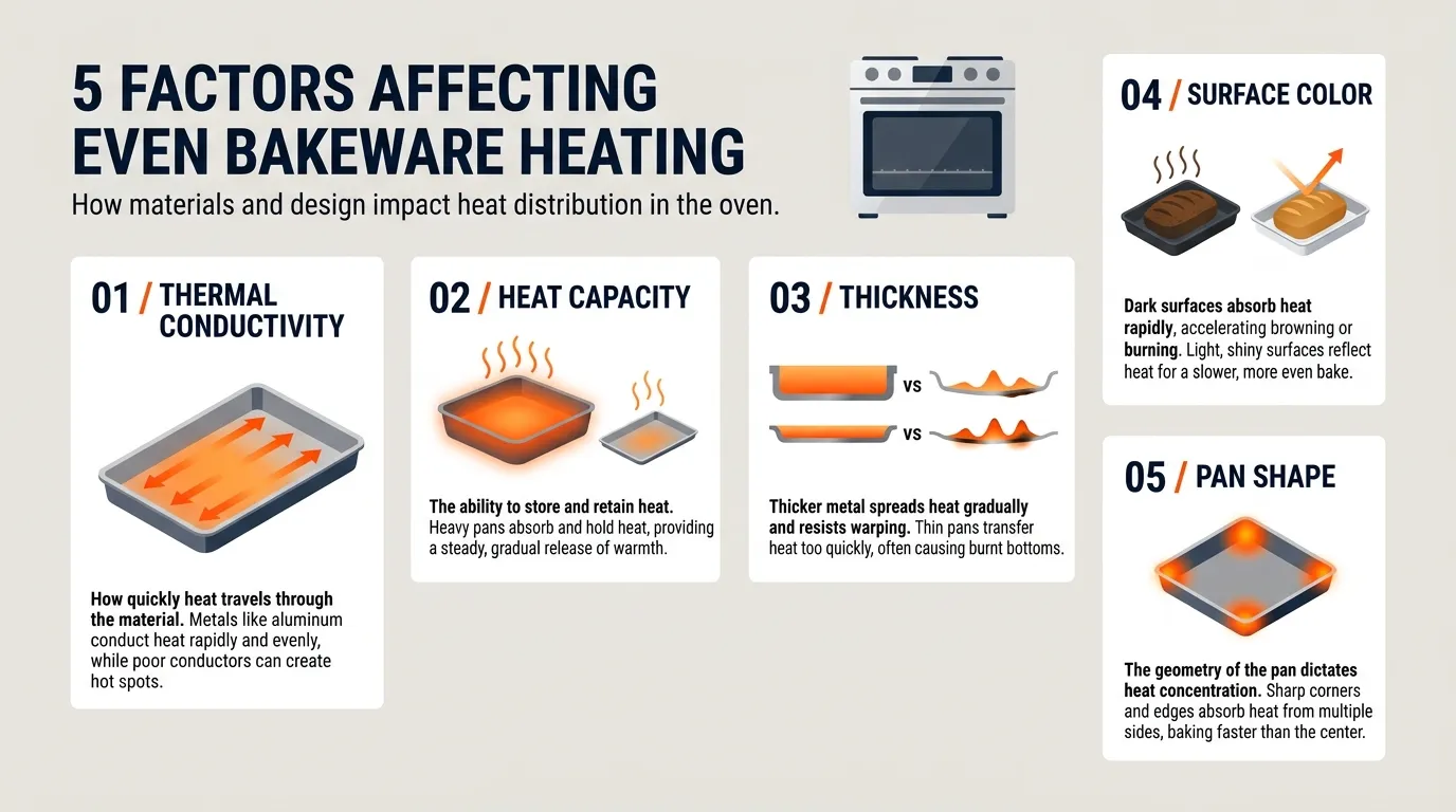 Bakeware heat distribution infographic comparing thermal conductivity, heat capacity, thickness, surface color, and pan shape
