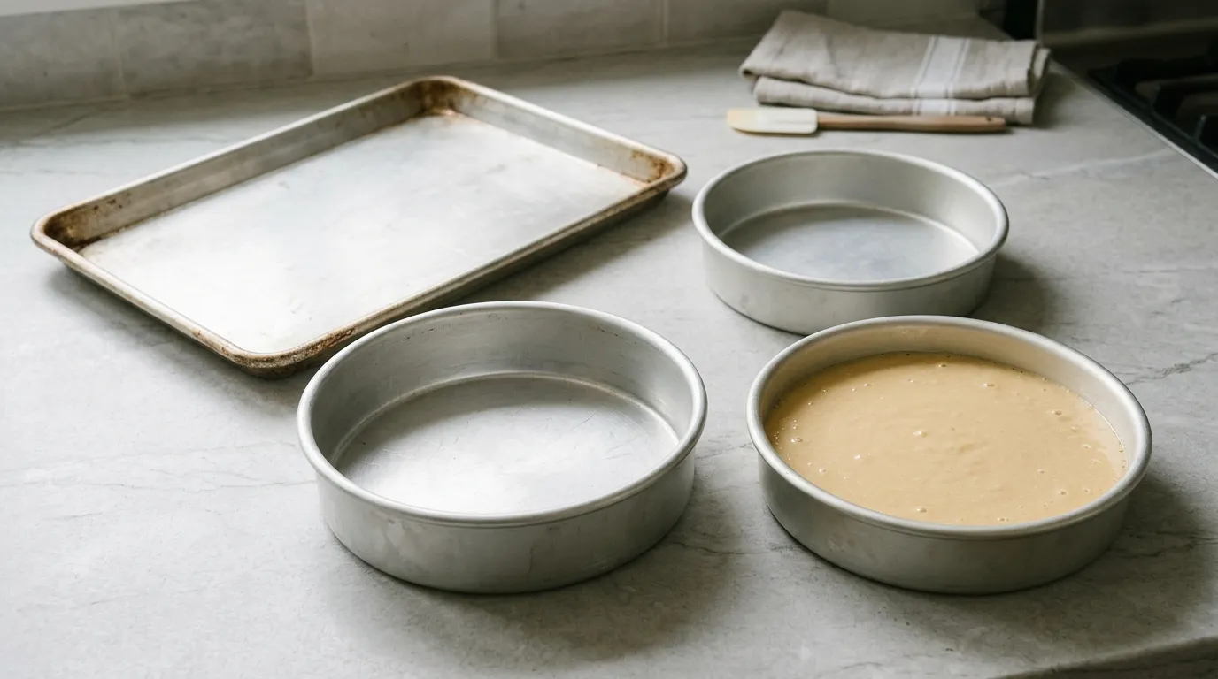Round, square, and rectangular cake pans showing different baking pan sizes and batter depths