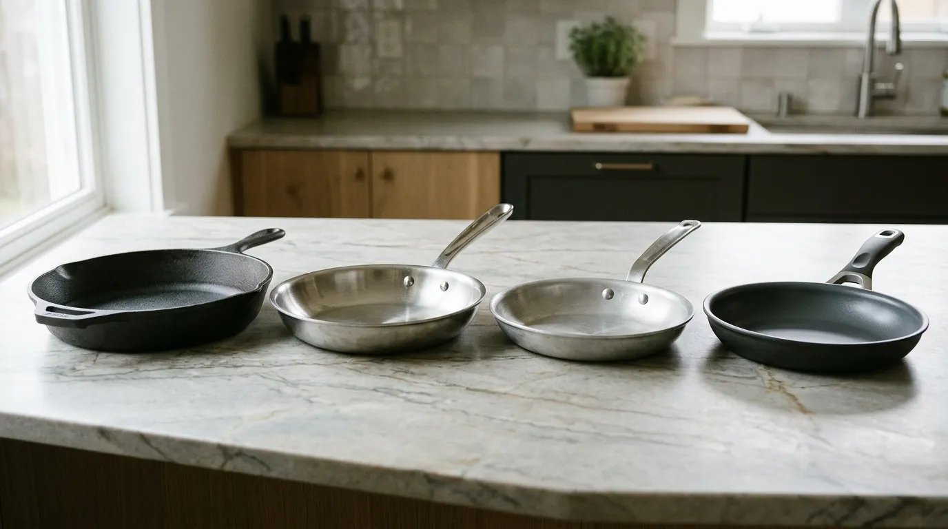 Cast iron, stainless steel, aluminum, and nonstick frying pans compared on a kitchen countertop