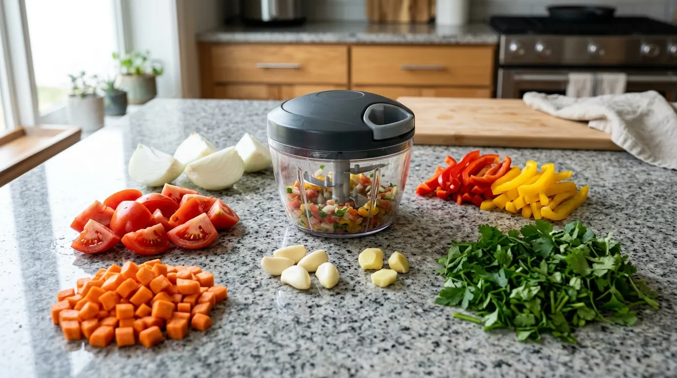 Prepared onions tomatoes carrots bell peppers and herbs showing different chopping approaches