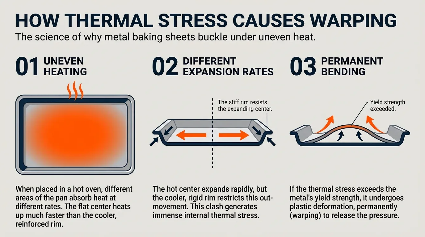 Educational diagram showing uneven expansion across a baking pan's base and rim as temperature changes.