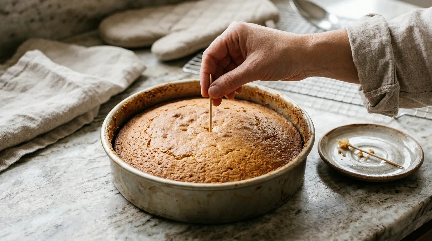 Wooden toothpick inserted into the center of a golden cake to check for moist crumbs and doneness