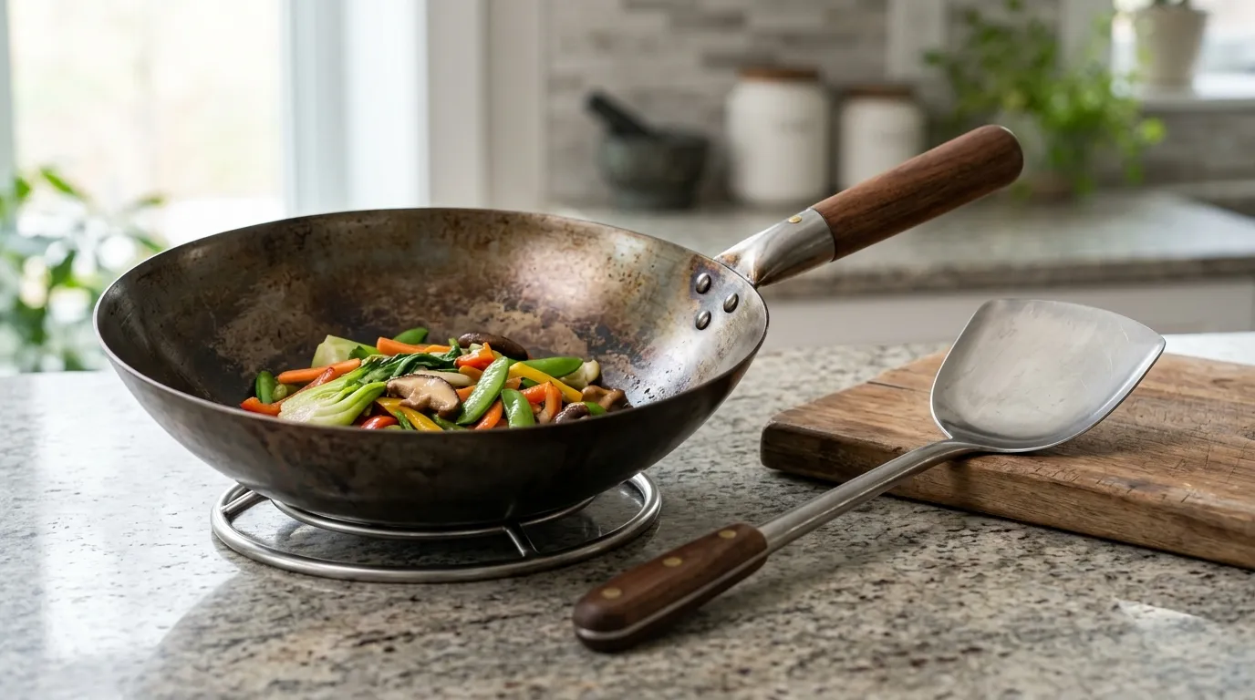 Curved wok spatula with a medium blade and long handle positioned beside a home wok